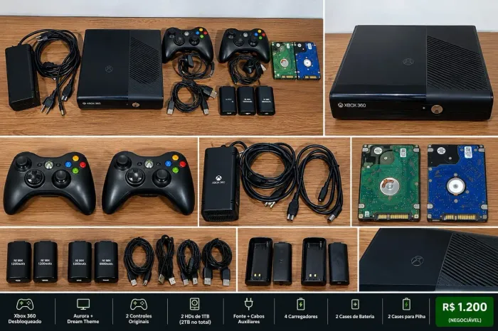 vende-se XBOX 360 COM DESBLOQUEIO RGH com DOIS HD'S DE 1TB com DOIS controles