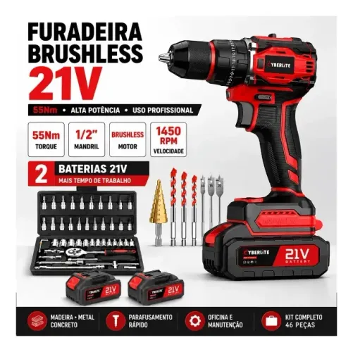 Furadeira de Impacto Brushless 21V com 2 Baterias e Kit 46
