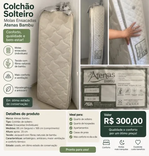 Colchão Solteiro Molas Ensacadas Atenas Bambu 88x188
