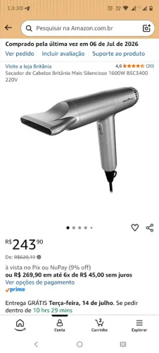 Secador de Cabelos Britânia Mais Silencioso 1600W BSC3400 220V