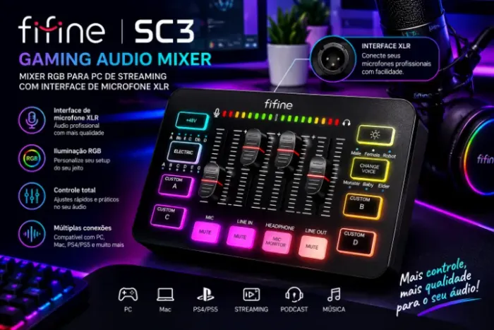 FIFINE Gaming Audio Mixer, Mixer RGB para PC de Streaming com Interface de Microfone XLR,