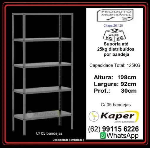 Estante de aço 198cm x 92cm x 30cm - 5B com reforço ( nova ) Promoção