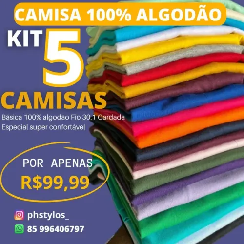 COMBO COM 5 CAMISETA LISA BASICA ALGODAO CARDADO