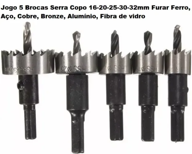 Jogo Serra Copo com 5 Brocas 16-20-25-30-32mm Furar Ferro, Aço, Cobre, Bronze, Alumínio