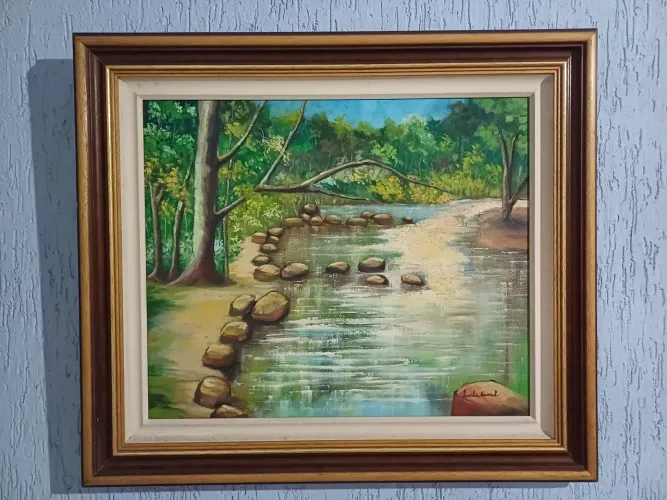 Quadro Pintura Rio e Natureza em Moldura Madeira