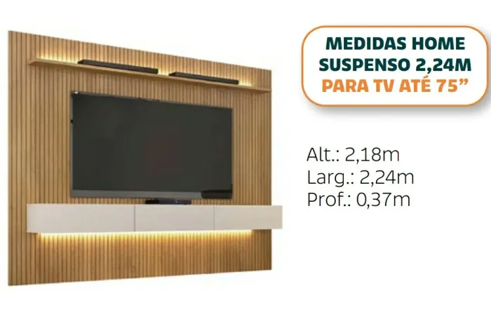 Painel home para TV até 75 pol com nicho e porta- Suspenso - 2,24m Larg