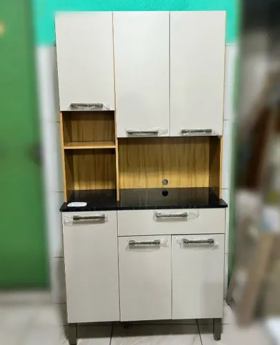 Kit Cozinha Compacta 6 Portas 1 Gaveta 100% MDF Tannat Gold Amêndoa/Off White