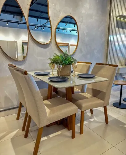 Mesa de Jantar Mel Vidro Off 120×80 +4 Cadeiras Veludo Madeira Maciça