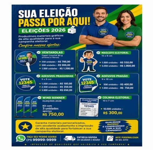 Eleições 2026: praguinhas, ventarolas, windbanner, colinha