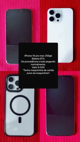 Iphone 16 pro max 256gb bateria 91%, nunca foi aberto, telefone de procedência R$ 6.500