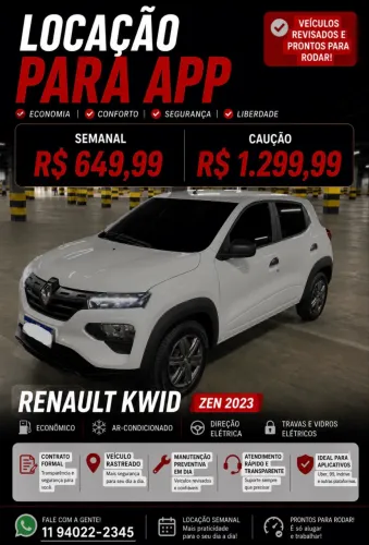 R$649,99,00 Locação aluguel  aluga alugo motorista aplicativo app Uber 99 Kwid  R$649.99