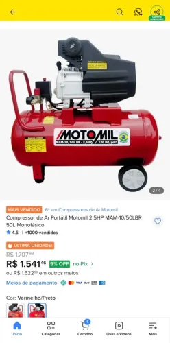 Compressor de Ar Portátil Motomil 2.5HP MAM-10/50LBR 50L Monofásico