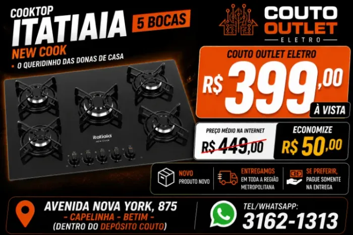 COOKTOP 5 BOCAS NEW COOK ITATIAIA - MAIS BARATO QUE NAS GRANDES LOJAS ON-LINE