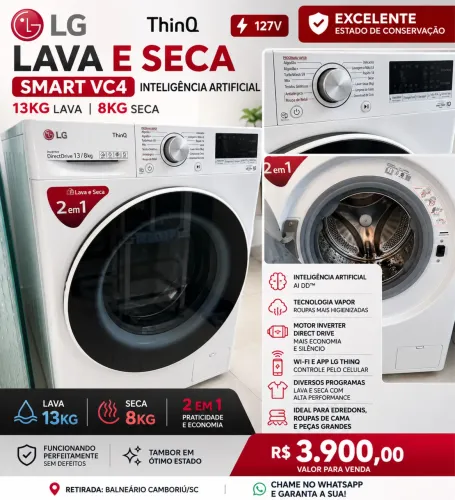 Lava e Seca LG ThinQ VC4 13kg Smart AI DD 127V - Excelente Estado