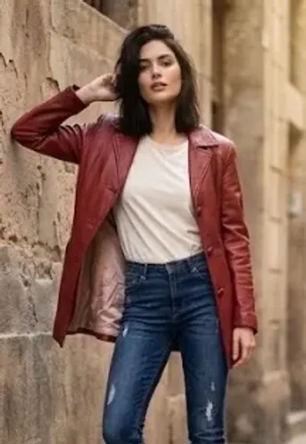 Jaqueta em couro legítimo, vermelho clássico, marca Taupys.