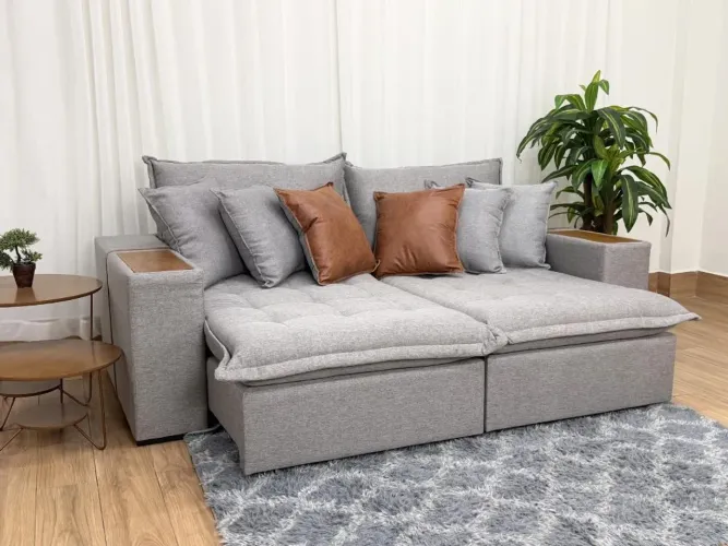 Sofá Cama Retrátil Reclinável 2.30m em Linho e Molas Bonnel s10