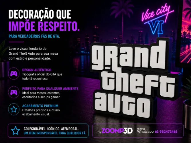 Letreiro Gamer Grand Theft Auto - Decoração Geek