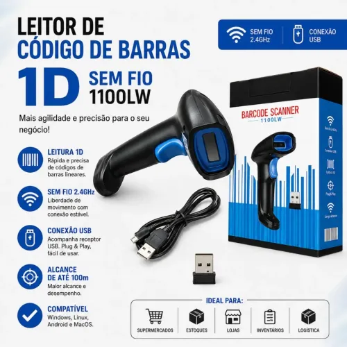 Leitor de Código de Barras Sem Fio 1D 1100LW USB 2.4GHz