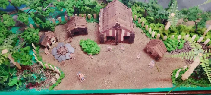 Maquete inspirado na Nova Zelândia com nativos, turistas e vulcões