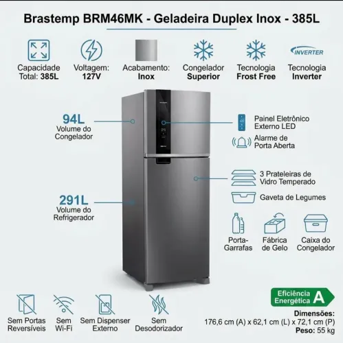 Geladeira Brastemp Frost Free 385 Litros Duplex Inox - BRM46MK