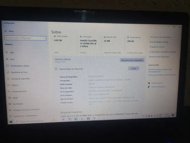 Notebook i5 4gb ram HD 320gb Windows 10 (MOÓCA)