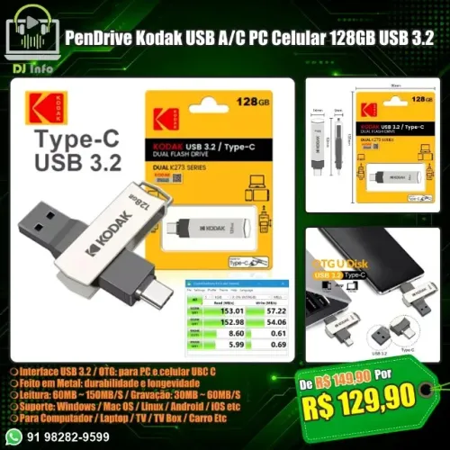 PenDrive Kodak USB A/C PC Celular 128GB USB 3.2