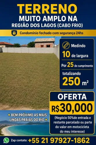 TERRENO AMPLO EM CABO FRIO EM CONDOMÍNIO FECHADO)(Prox as mais belas praias de Cabo frio)