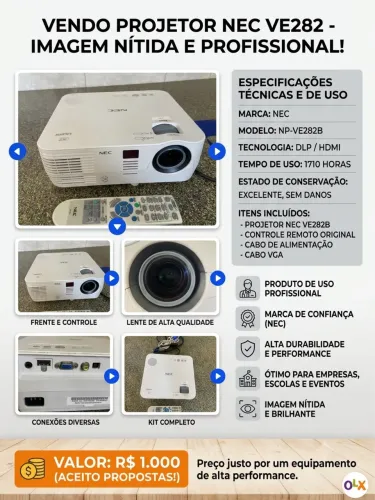 Projetor Profissional NEC VE282 (HDMI / DLP) + Controle e Cabos - Imagem Nítida