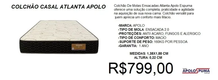 Colchão molas casal apolo atlanta - frete grátis e montagem