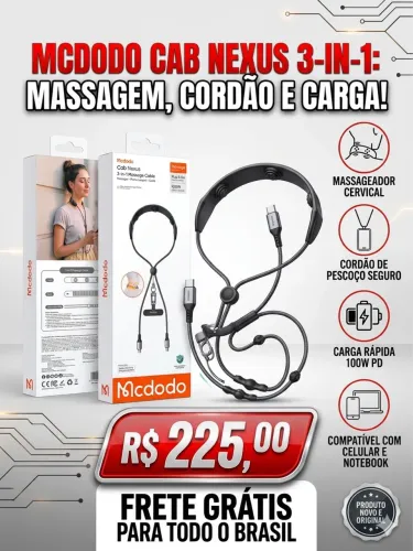Cabo Nexus Mcdodo 3-em-1 (Massagem + Cordão + Cabo 100W) - Novo na Caixa!