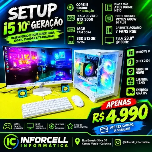 Pc Gamer Core i5-10400F Placa Vídeo RTX 3050 16gb Ram Ssd 512gb tela 24 180Hz