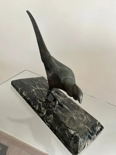 Escultura Decorativa de Faisão em Bronze com Base de Mármore