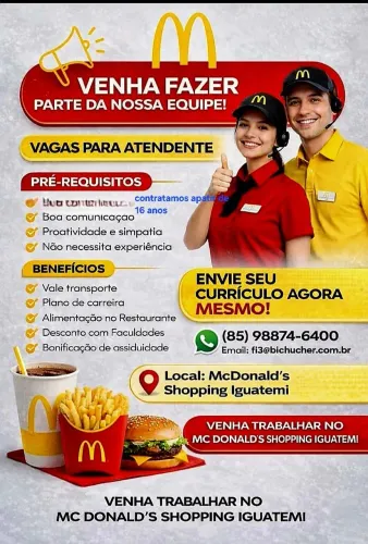 Vaga no Mcdonalds do Shopping Iguatemi na praça de alimentação nova na expansão