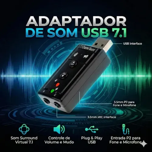 Adaptador Para Placa De Som USB 7.1 Preto