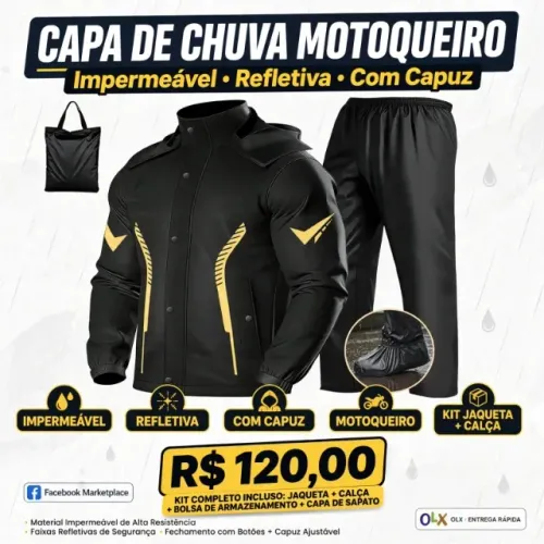 Capa De Chuva Motoqueiro Impermeável Refletiva Com Capuz (G)