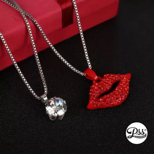 Colar Longo 2 Em 1 Com Pingente Boca E Strass
