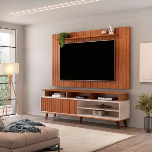 Combo Painel Lume Freijo com Rack Flow Freijo.Off White Frete grátis até 12 x