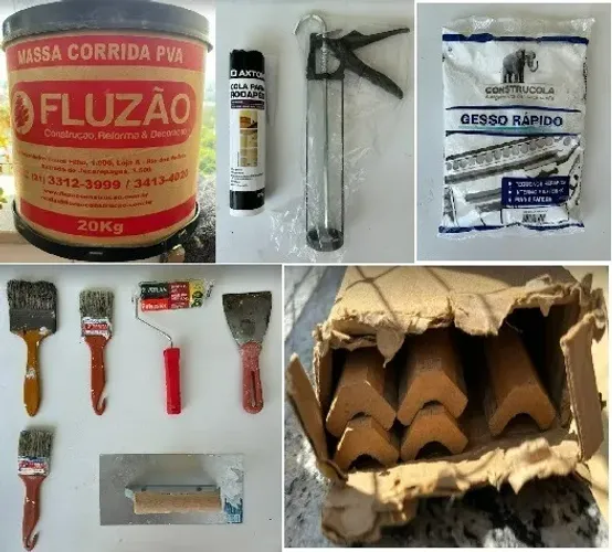 Pincel, espátula, massa PVA, gesso, cola, aplicador, cantoneira...