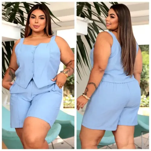 Conjunto Plus Size Azul Colete e Bermuda - Estilo Moderno e Conforto Incomparável!