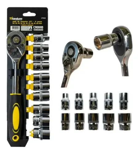 JOGO DE SOQUETES TITANIUM COM CATRACA 1/2POL C/11PCS CROMO VANADIUM