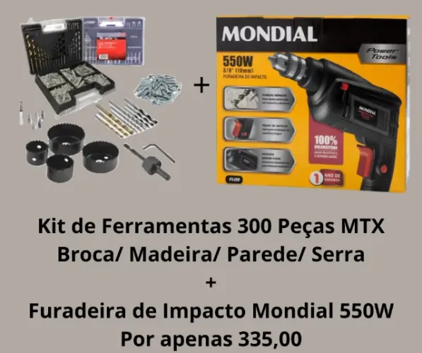 Kit de Ferramentas MTX 300 Peças + Furadeira Mondial 550W