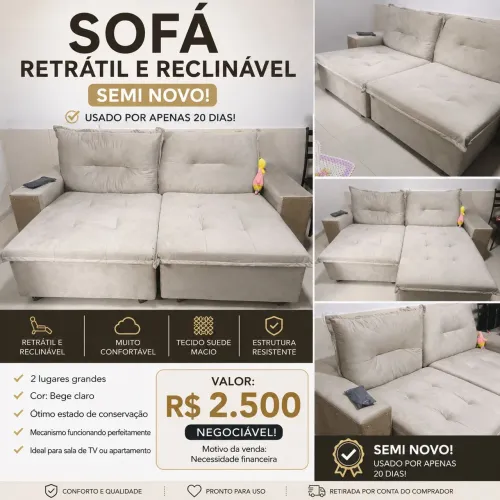 VENDO SOFÁ RETRÁTIL E RECLINÁVEL APENAS 20 DIAS DE USO