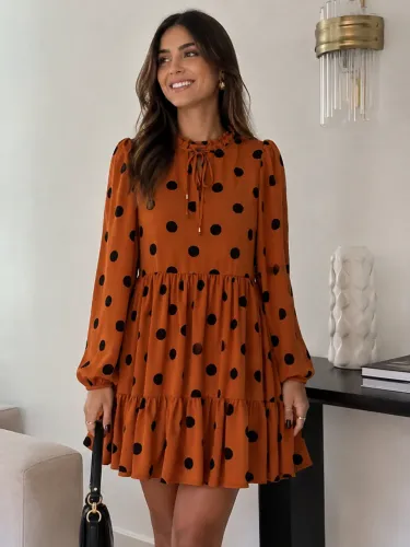 Vestido Curto de Poá Marrom e Preto