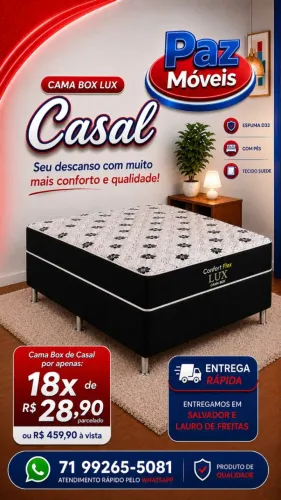 Cama Box Lux Casal Espuma D33 Tecido Suede com Pés - Paz Móveis