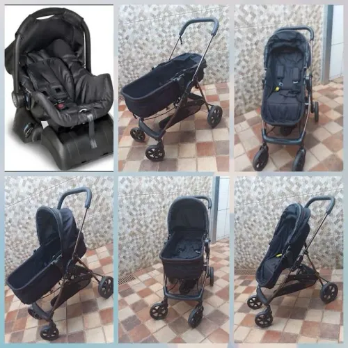 Carrinho de bebê Moisés Napoli preto cobre + bebe conforto grid + base Galzerano