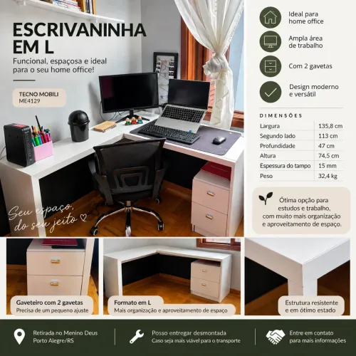 Escrivaninha Mesa de Escritório em L com 2 Gavetas - Branca