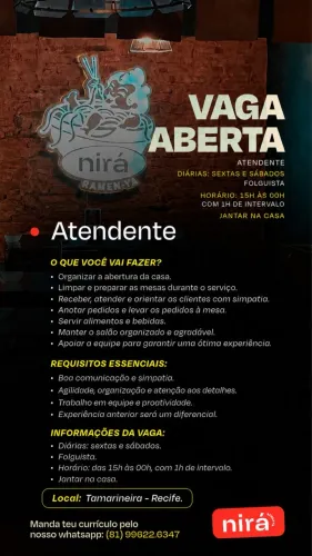 VAGA GARÇOM/GARÇONETE - CONTRATAÇÃO IMEDIATA