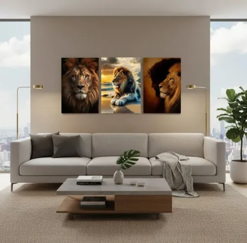 Kit de 3 quadros decorativos Leão de Judá de madeira pinus com adesivo