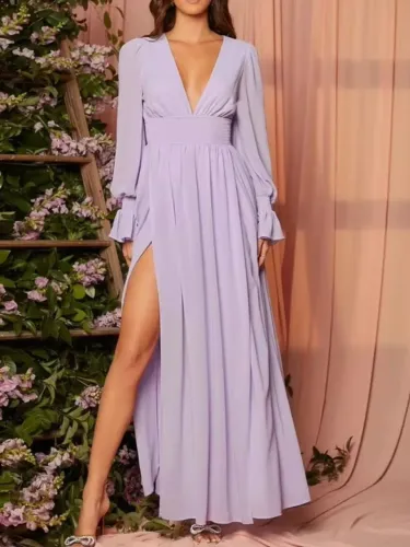 Vestido Longo de Festa Lilás Lavanda com Decote V e Fenda tamanho M