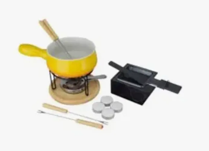  Fondue Amarelo e Conjunto Raclette Preto,16 Peças